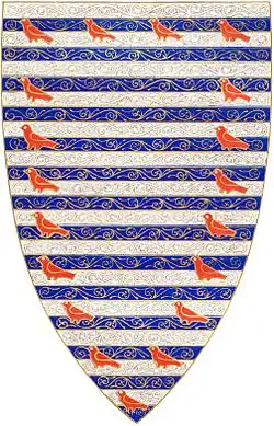 Arabesque diaper on the Heraldic shield of William de Valence, 1st Earl of Pembroke (d.1296) from his tomb in Westminster Abbey. Champlevé enamel