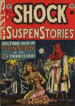 A comic book cover reading "Shock SuspenStories" in white letters on a red background. Below is a colorful illustration of a terrified woman kneeling on the ground surrounded by hooded members of the Ku Klux Klan.