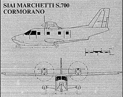 3-view line drawing of the SIAI-Marchetti S.700 Cormorano
