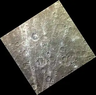 The region around Sibelius in exaggerated color. The rays of Han Kan crater cross the scene.