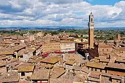 View of Piazza del Campo (Campo Square), the Mangia Tower (Torre del Mangia) and Santa Maria in Provenzano Church