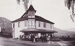 Original Sierra Madre Town Hall (with Cigar Factory next door) at Baldwin and Central Ave (now a gas station) . Sierra Madre Congregational Church temporary meeting place.