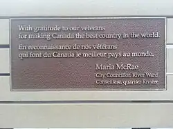 One of the benches bears a plaque thanking veterans, signed by former councillor Maria McRae.