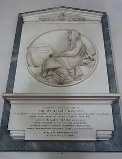 Sacred to the memory of Sir William Clayton, of Marden Park, Surrey, and Harleyford, in this county, Baronet, born April 16th 1762, died January 26th 1834 and of Dame Mary, his wife, sole daughter of Sir William East, of Hall Place, Berks, Baronet, deceased, born September 20th 1765, died August 9th 1833. In filial reverence by a grateful family.