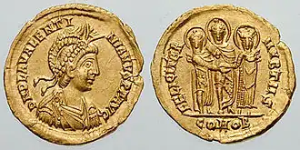 Solidus of Valentinian III celebrating an imperial marriage