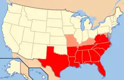 map of United States with southeastern states highlighted in shades of red