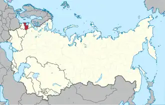 Location of annexed Latvia (red) within the Soviet Union (red & light yellow)