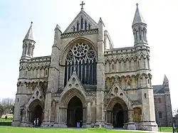 Colour photograph of St Albans Abbey, now a cathedral