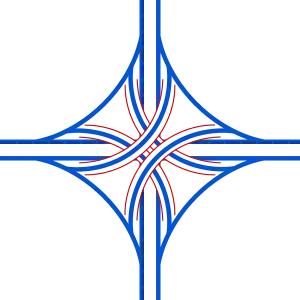 Four-level stack: used as a major junction, usually for freeway junctions