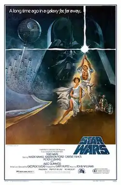 Film poster showing Luke Skywalker holding a lightsaber in the air, Princess Leia kneeling beside him, and R2-D2 and C-3PO behind them. A figure of the head of Darth Vader and the Death Star with several starfighters heading towards it are shown in the background. Atop the image is the tagline "A long time ago in a galaxy far, far away ..." On the bottom right is the film's logo, and the credits and the production details below that.