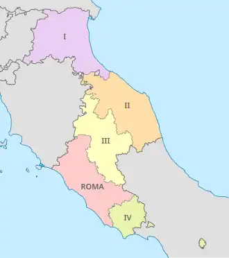 The legations of the Papal States in 1850: Rome, I. Romagna, II. Marche, III. Umbria, IV. Marittima e Campagna