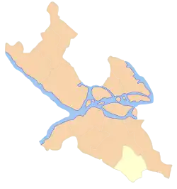 Location of Farsta within Stockholm Municipality shown in yellow