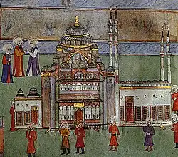 The carrying-in of a model of Süleymaniye Mosque from Surname-i Hümayun, 1582