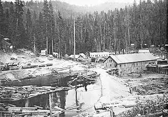 A log pond supplied by railway in Sugar Pine, California around 1920.