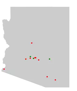 Outline of map of Oregon with colored dots representing the location of Superfund sites in the state
