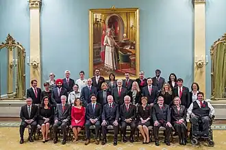Governor General David Johnston, representing Elizabeth II, Queen of Canada, with his Cabinet at Rideau Hall, 4 November 2015