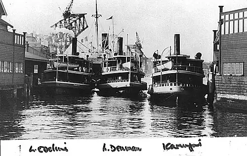 Lady Edeline (left), Lady Denman (middle) and Karingal (right) at Circular Quay with the Sydney Harbour Bridge under construction, 1930