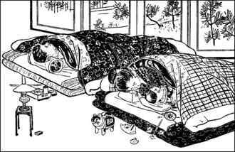Typical Tokyo family sleeping arrangements of 1910