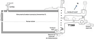 Plan of a rectangular causeway, with a smaller tomb off to one side