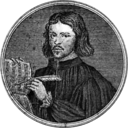 Engraving of man with long hair, holding a quill and paper