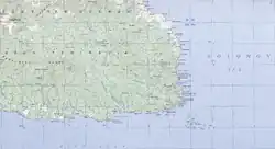 Topographical map of the Huon Peninsula and Tami Islands, showing the distance between Finschhafen and the Islands, and some of its features.