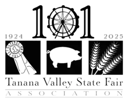 The 101 TVSFA logo, with the zero being a Ferris wheel, with three smaller boxes showing the silhouette of a ribbon, a pig and three strands of hay from left to right.