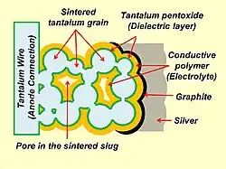 Layer structure of a polymer tantalum capacitor with graphit/silver cathode connection