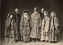Tatars in Kazan in 1870, wearing tartan, stripes, and other patterns