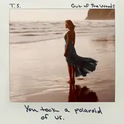 Cover artwork of "Out of the Woods", a polaroid photo of Swift standing on a beach in a light blue dress, with her initials "T.S.", the song title, and a lyric written on it