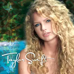 A photo of Swift with wavy blonde hair against a blue-and-green background