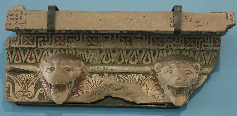 Carved and painted fragment from the roofline of the Temple of Hera at Paestum, c. 520 BC, Museo Archeologico Nazionale, Italy[11]