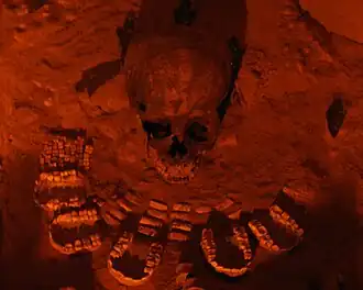 Detail of a collective burial of those sacrificed humans as part of the rites of consecration for the Pyramid of the Feathered Serpent (phase Miccaotli, c. AD 200) In this case, all buried bodies had their hands tied behind their backs. The necklace is made of pieces that simulate human jaws, but other subjects buried wore necklaces with actual jaws.