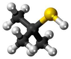 Ball-and-stick model of the tert-butylthiol molecule