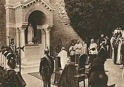 Image 43Pope Pius XI decree and conferment of Saint Therese of France to be Patroness of the gardens, flanked by Cardinal Louis Billot. The Leonine walls, 17 May 1927. (from Gardens of Vatican City)