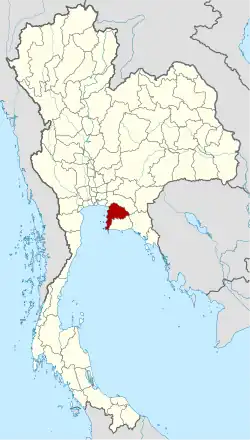 Map of Thailand, with a small highlighted area near the centre of the country, near the coast of the Gulf of Thailand