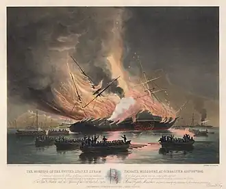 Mends was a witness to the burning of the United States steam frigate USS Missouri at Gibraltar 26 August 1843. His sketch was the basis for a painting by Edward Duncan. This litho from Thomas Goldsworthy Dutton is from that work.[15]