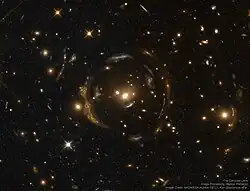 The Carousel Lens shows 7 individual galaxies lensed by one core. Additional lenses are seen further out.[28]