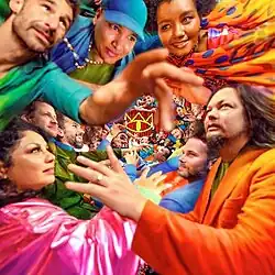 Many people in colorful clothing reach for the center of the image, which contains an illustration of a single yellow eye