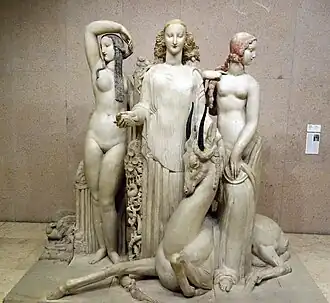 Hommage à Jean Goujon; by Alfred Janniot; 1919–1924; limestone partially coloured; 220 x 235 x 129 cm; Calouste Gulbenkian Museum, Lisbon, Portugal[112]