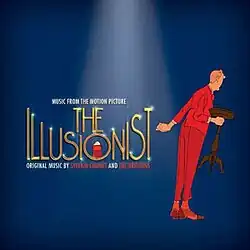 The main character of the film appears on a blue background while wearing a red suit and holding a small table.
