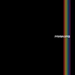 A rainbow strip close to the right side of a black square, with the title next to the artist name, which intersects the strip halfway down