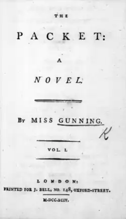 The Packet: A Novel, By Miss Gunning. Vol 1. London: Printed for J. Bell