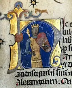 King Louis I of Hungary, crown, shield, Anjou coat of arms, secpter, Hungarian, medieval, book, illumination, illustration, history