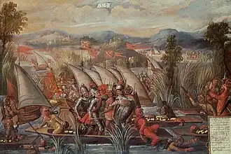 A 17th-century oil-on-canvas painting by an unknown creator which depicts Cuauhtémoc captured by the Spanish on boats on Lake Texcoco after their conquest of Tenochtitlan. He is accompanied by one of his allies, but surrounded by Spanish soldiers depicted in armour. Mexica corpses and swimmers are strewn in the water, and red Spanish banners populate the background.