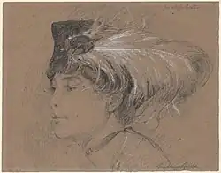 Pencil sketch of a young woman wearing a black hat with a white feather