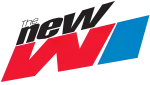 A very small and thin "The" next to a thick, black, angled "new" in a condensed sans serif above angled, bold letters W and I, the W in red and the I in blue