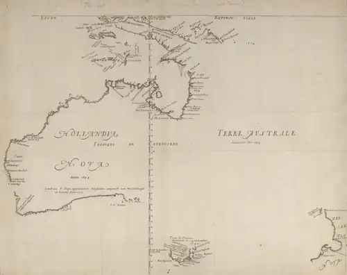 Map depicts the western and northern coast of Australia (labelled "Nova Hollandia"), Tasmania ("Van Diemen's Land") and part of New Zealand's North Island (labelled "Nova Zeelandia").