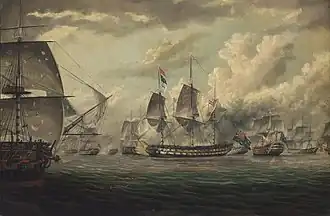 HMS Bellerophon leading the bombardment of the Syrian fortress of Acre. Thomas Baines
