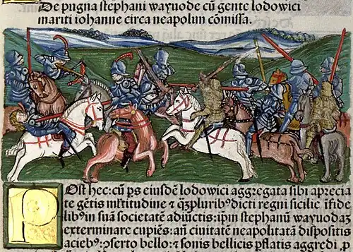 Chronica Hungarorum, Thuróczy chronicle, Stephen Lackfi, Louis of Taranto, Queen Joanna of Naples, campaign, battle, Hungary, Naples, fight, armored soldiers, cavalry, medieval, Hungarian chronicle, book, illustration, history