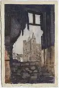 A view from inside the ruined château in 1917, facing the rear "quadrangle"; painting on a war-charity art postcard.